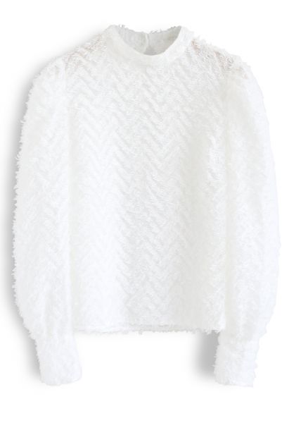Zig Zag Feather Sheer Smock Top in White