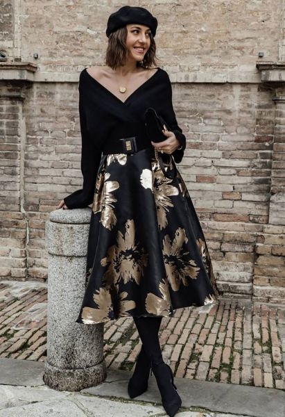 Golden Blossom Jacquard A-Line Midi Skirt