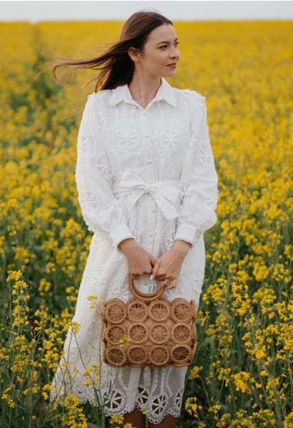 Cutwork Crochet Button Down Midi Dress in White