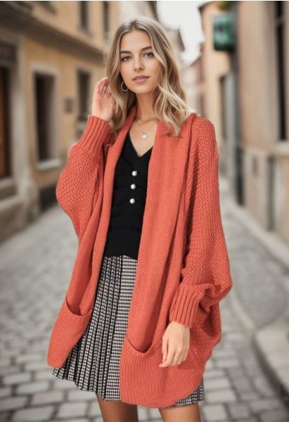 Open Front Drape Knit Cardigan in Coral