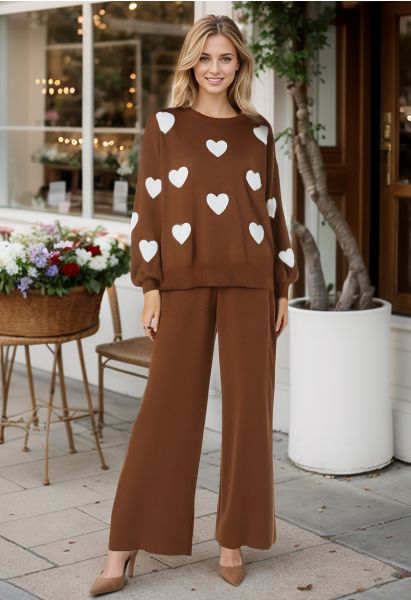 Heart Patch Knit Sweater and Pants Set in Rust