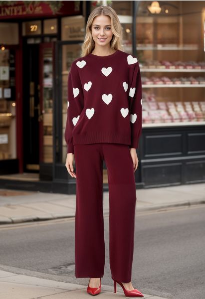 Heart Patch Knit Sweater and Pants Set in Burgundy