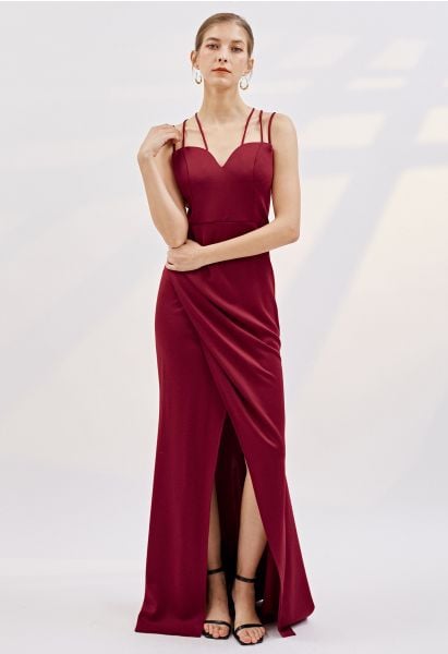 Multiple Straps Ruched Flap Slit Mermaid Gown in Burgundy