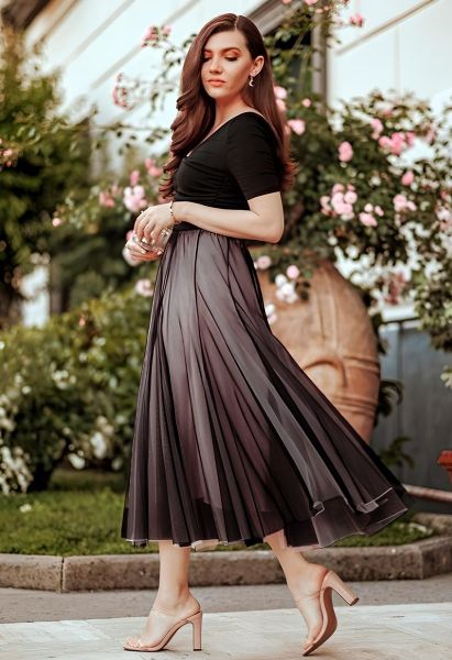 Mixture Color Panelled Tulle Maxi Skirt in Black