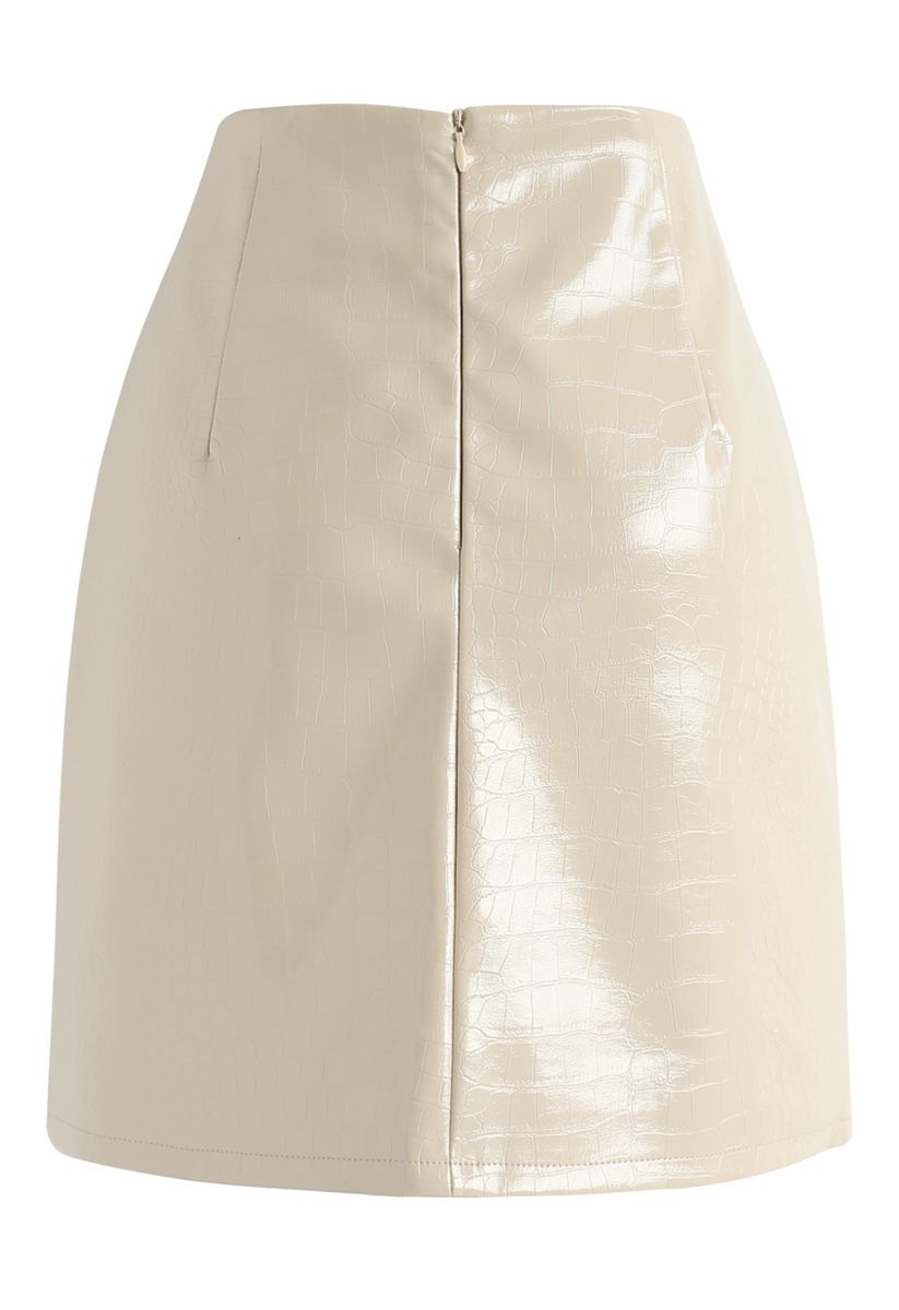 Cream Crocodile Faux Leather Mini Skirt