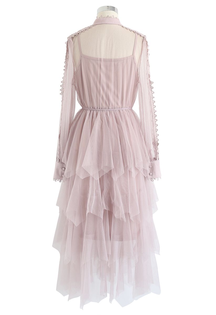 Lacy Sleeves Tiered Mesh Dress in Pink
