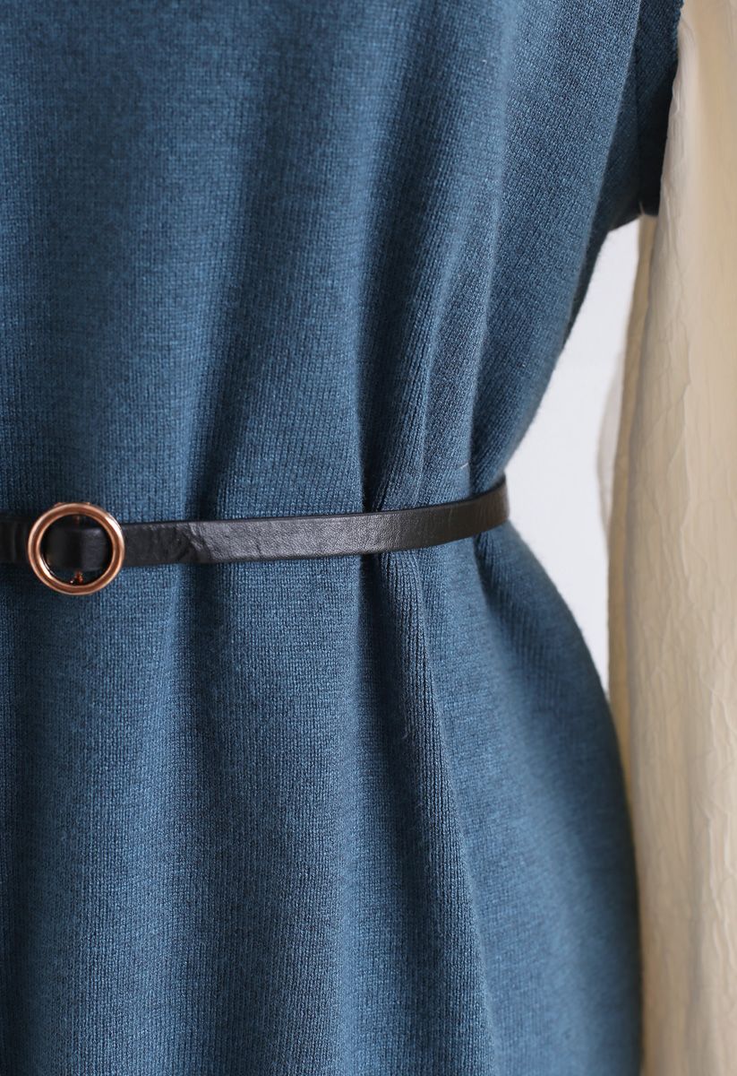 Belted Ruffle Sleeves Spliced Knit Shift Dress in Blue
