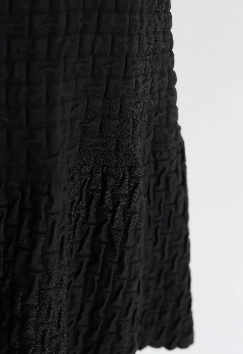Embossed Frill Hem Knit Dress in Black