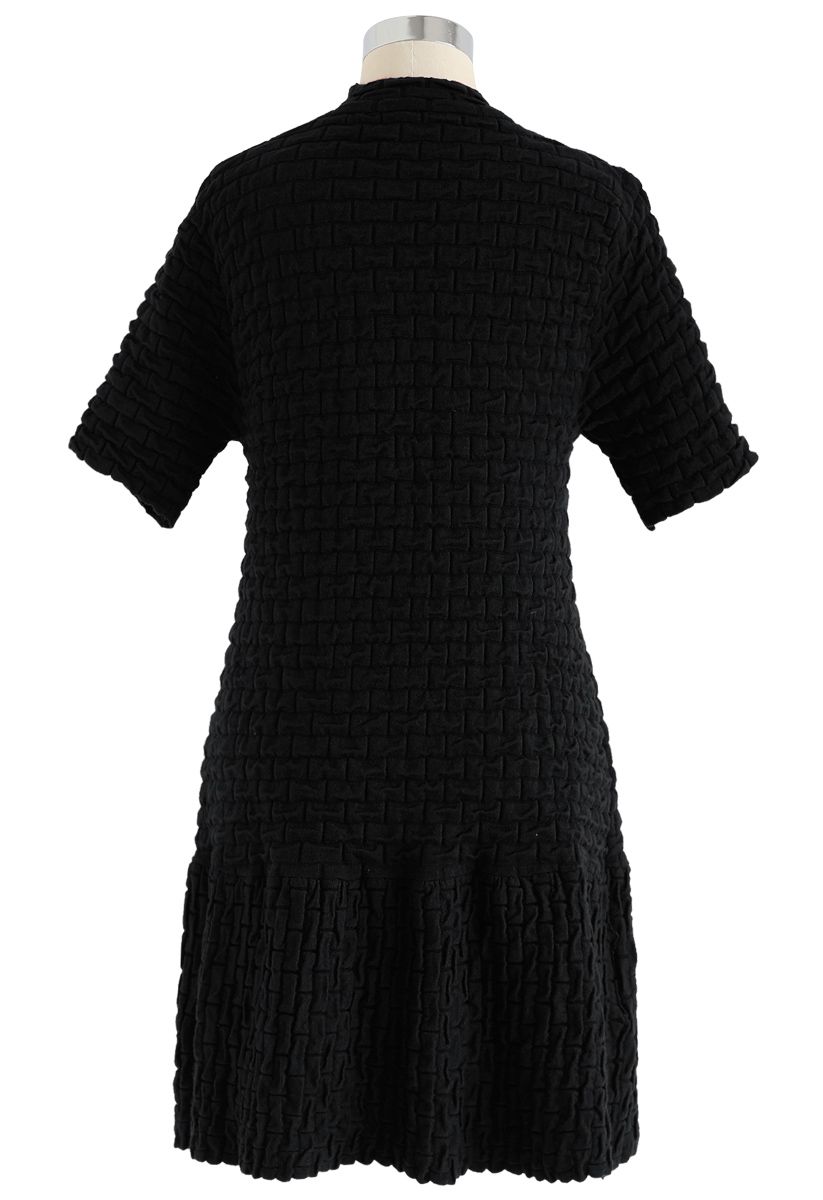 Embossed Frill Hem Knit Dress in Black