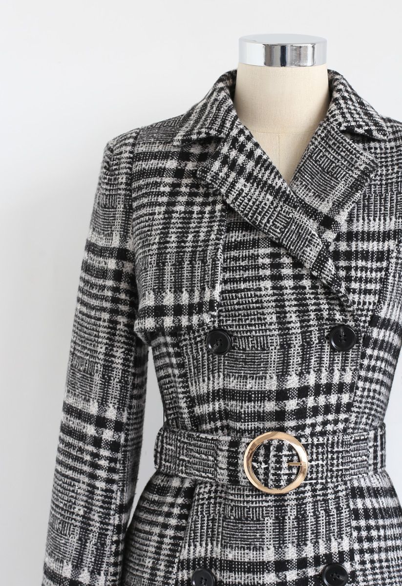 O-Ring Belted Plaid Double-Breasted Longline Coat 