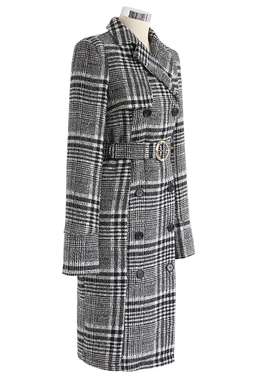 O-Ring Belted Plaid Double-Breasted Longline Coat 