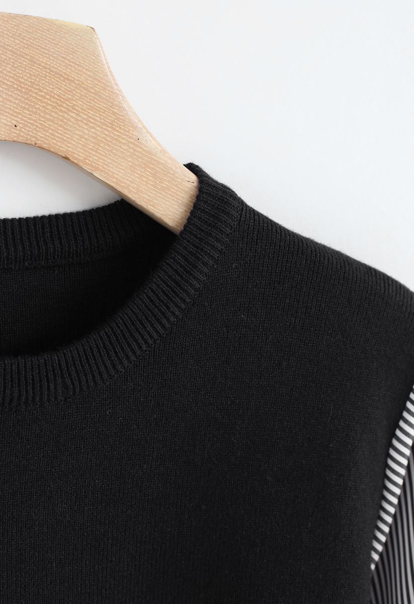 Stripe Sleeves Spliced Knit Top in Black