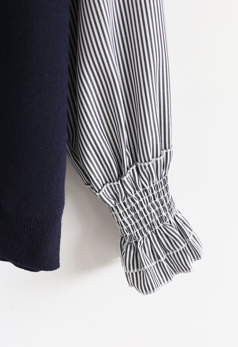 Stripe Sleeves Spliced Knit Top in Navy