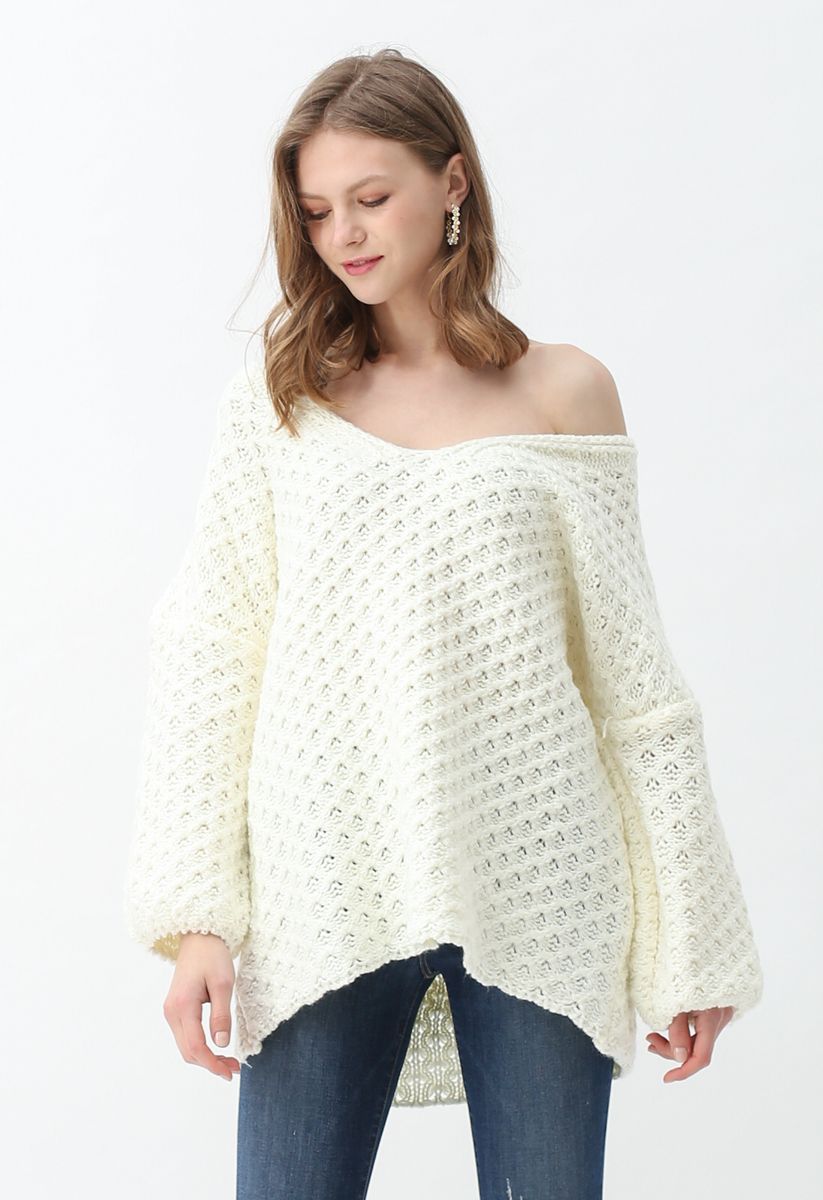 Hollow Out V-Neck Oversized Knit Sweater in White