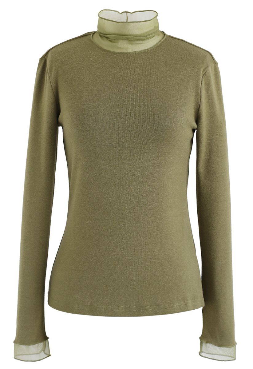 Mesh Inserted Knit Top in Army Green