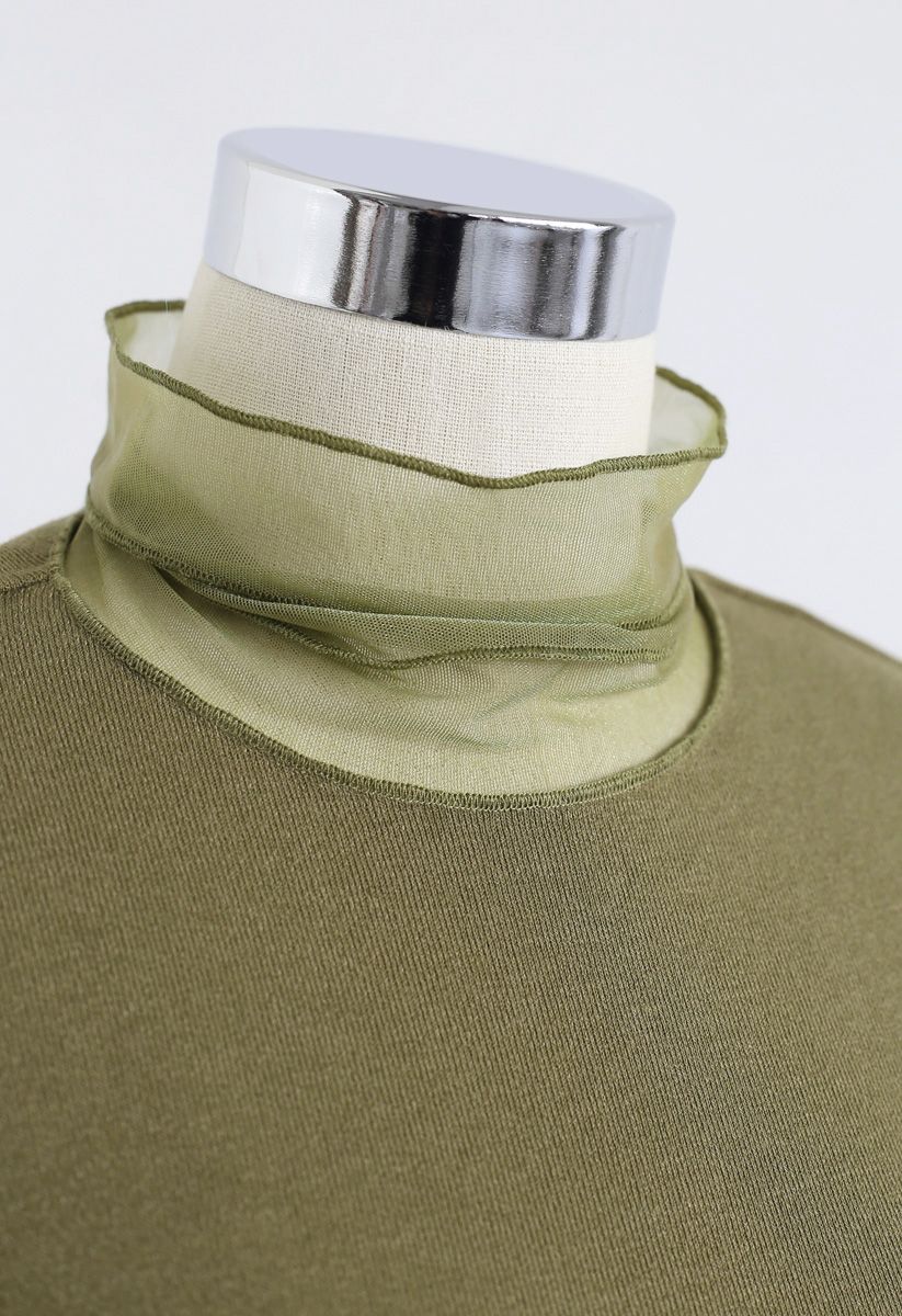 Mesh Inserted Knit Top in Army Green