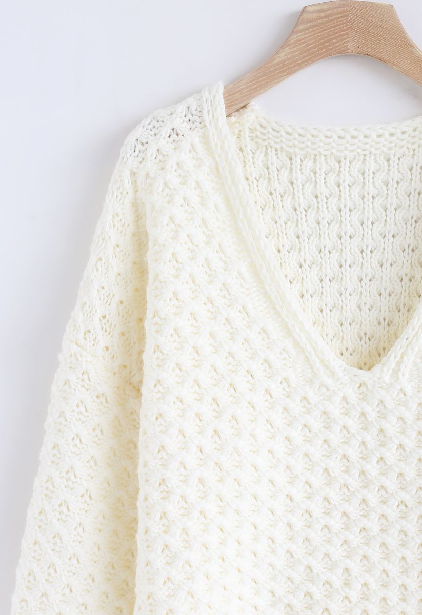Hollow Out V-Neck Oversized Knit Sweater in White