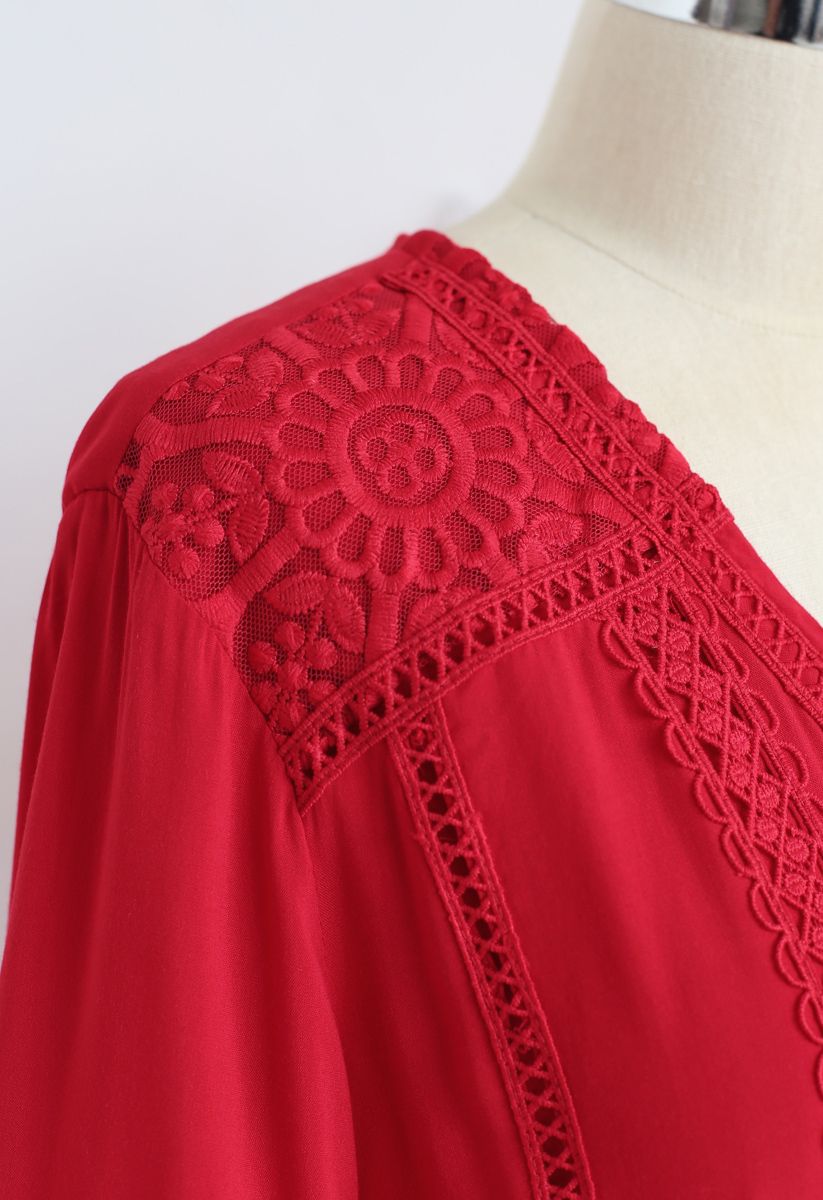 前紐扣設計編織刺綉波西米亞長裙--紅色