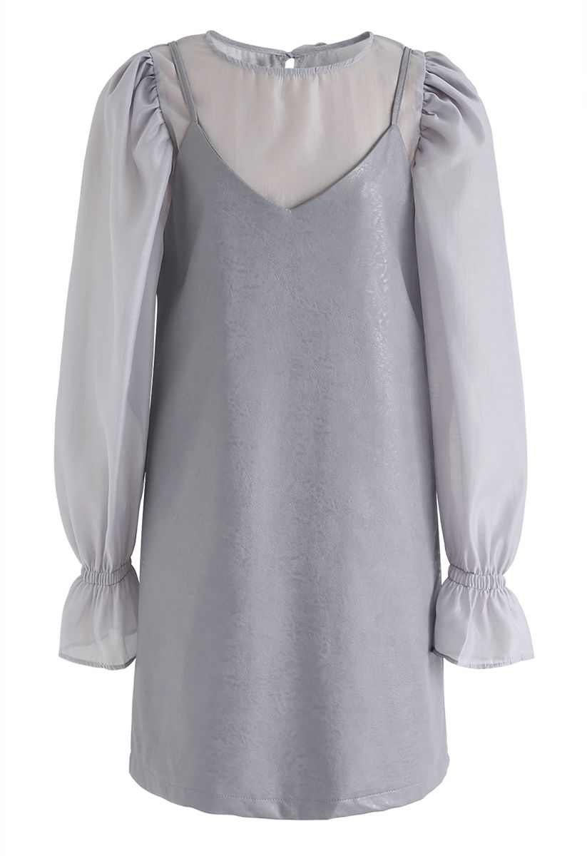 Semi-Sheer Puff Sleeves Top and Faux Leather Cami Dress Set in Grey