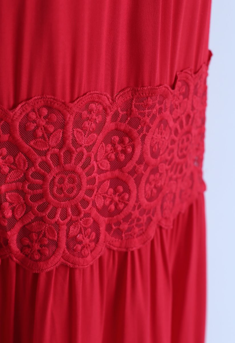 前紐扣設計編織刺綉波西米亞長裙--紅色