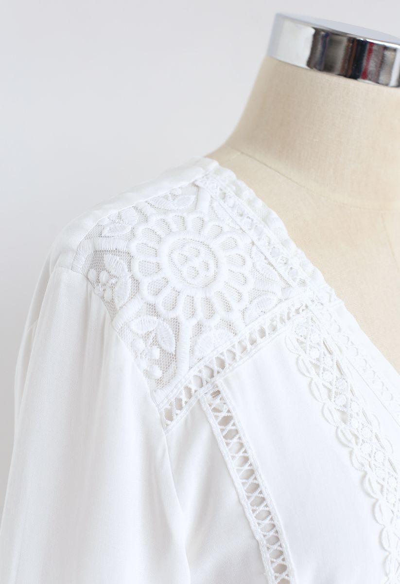 前紐扣設計編織刺綉波西米亞長裙--白色