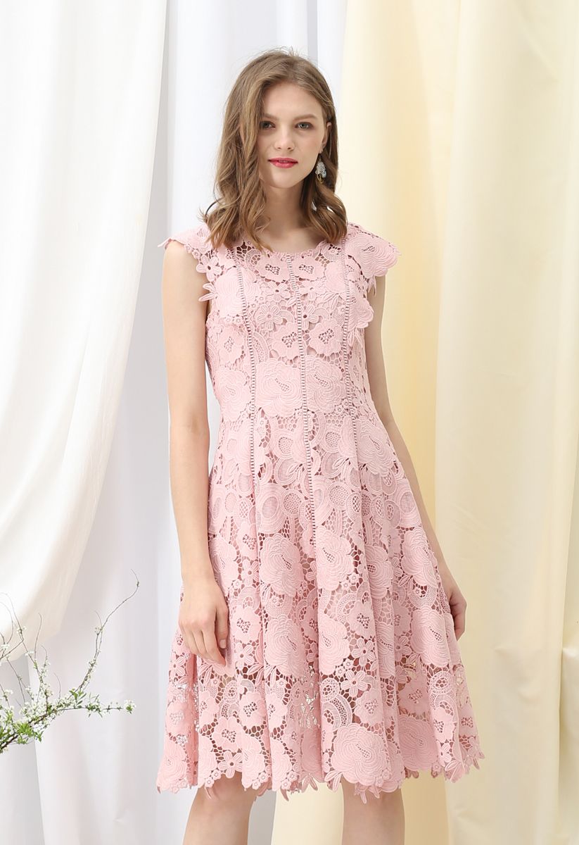 Blossom Crochet Sleeveless Midi Dress in Pink