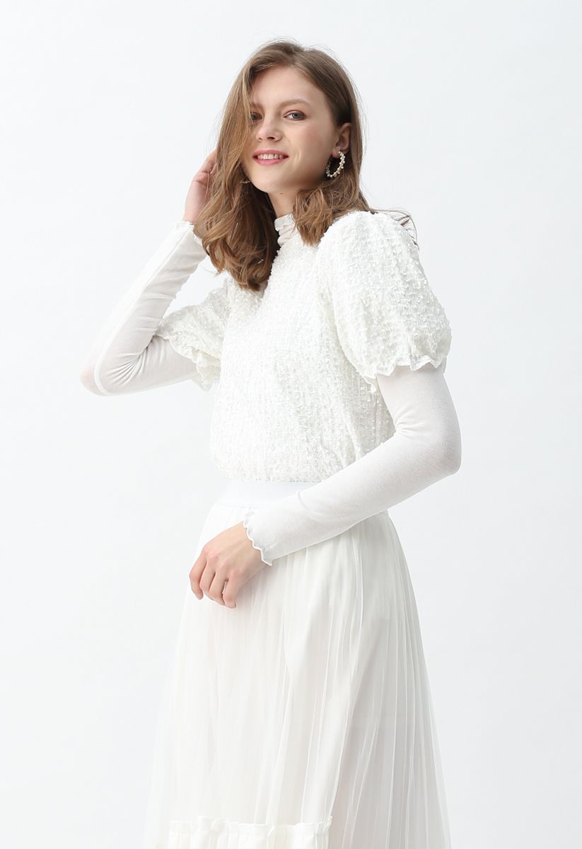 Mock Neck Wavy Knit Top in White