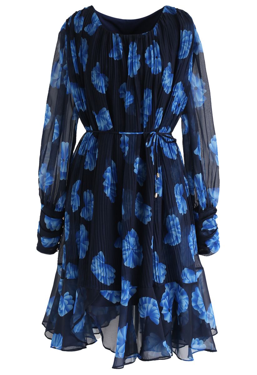 Floral Sheer Sleeves Pleated Chiffon Dress in Blue