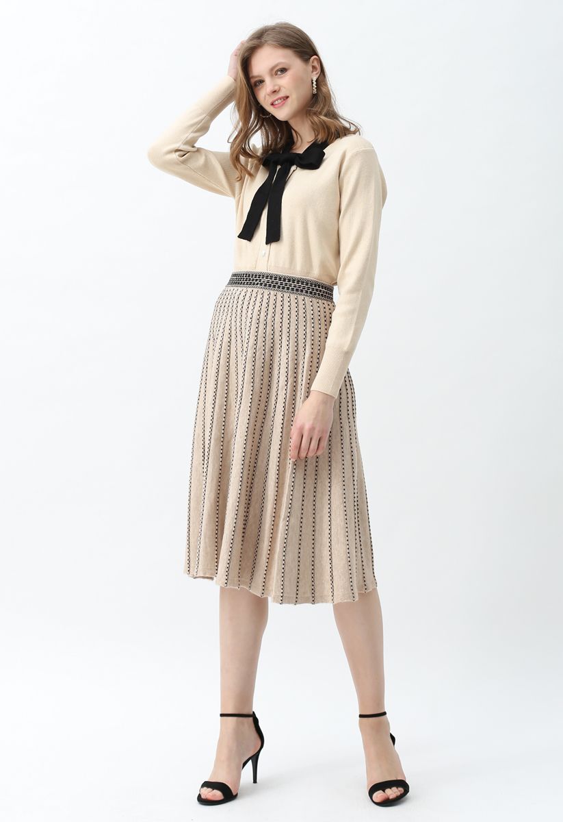 Dotted Lines Knit Midi Skirt in Light Tan