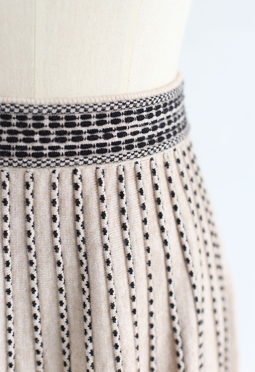 Dotted Lines Knit Midi Skirt in Light Tan