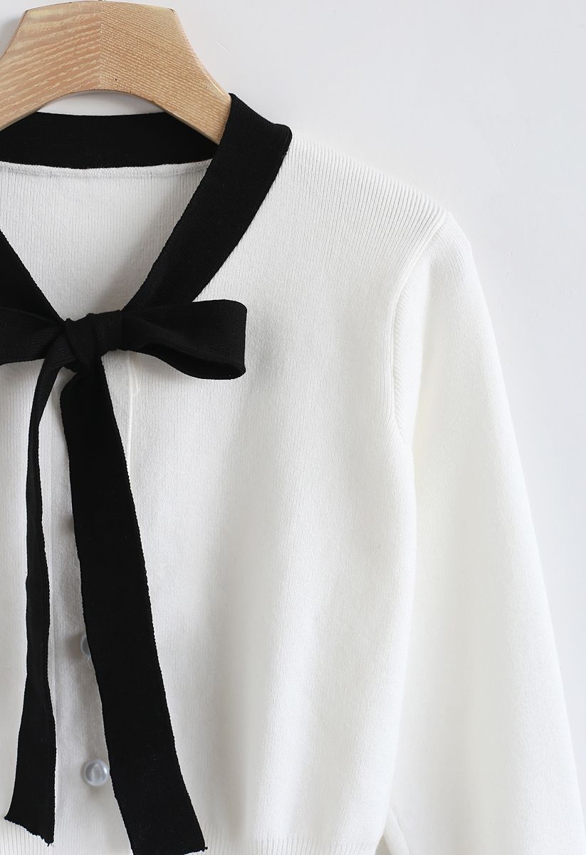 Button Down Bowknot Knit Sweater in White