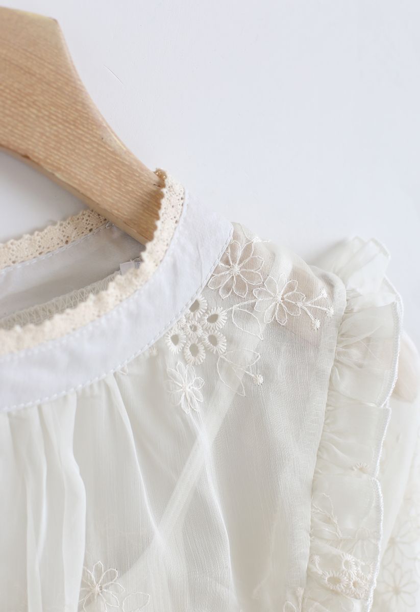 Eyelet Floral Embroidered Semi-Sheer Top in Cream