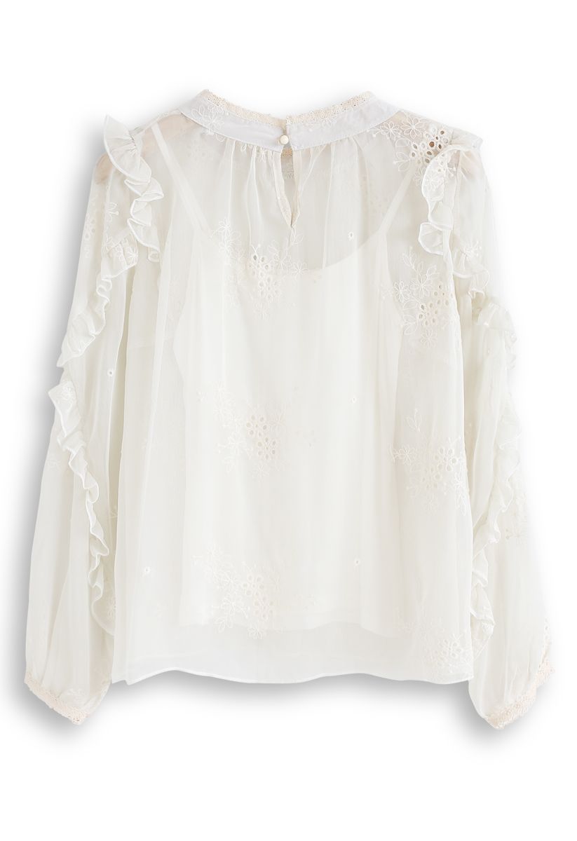 Eyelet Floral Embroidered Semi-Sheer Top in Cream