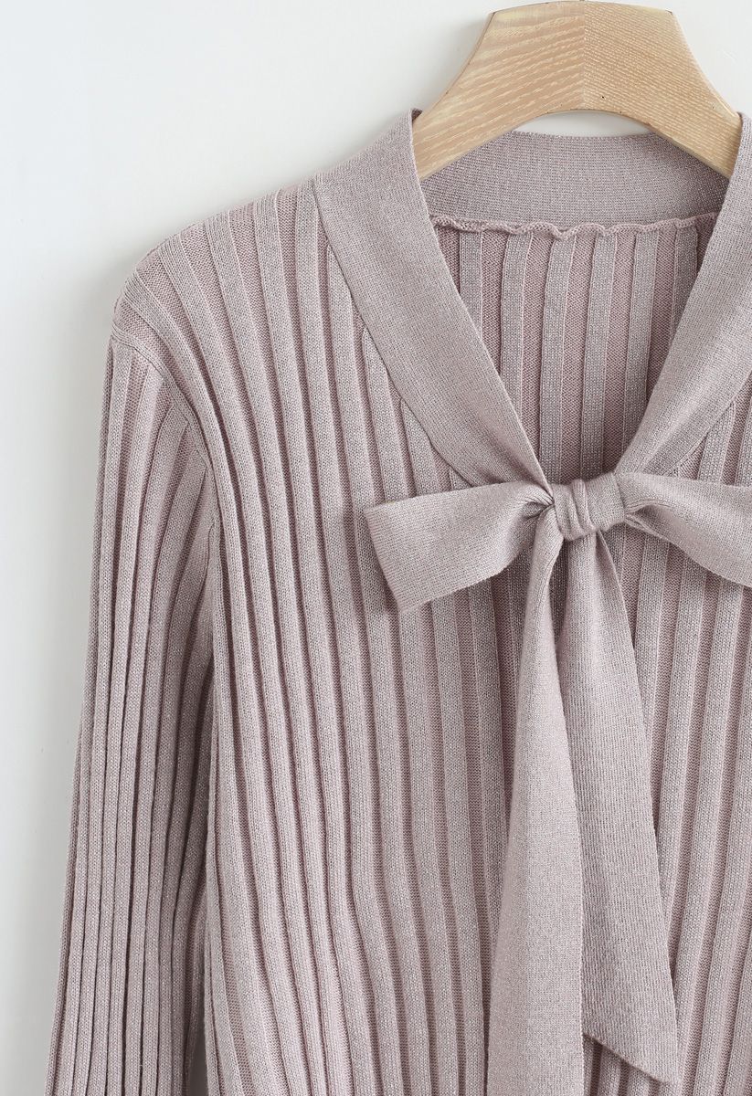 Bowknot V-Neck Shimmery Knit Top in Lilac