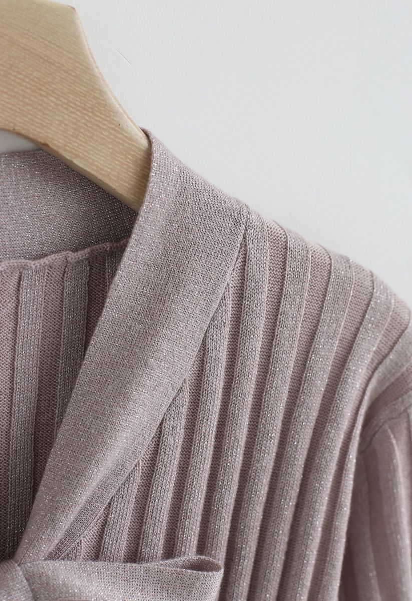 Bowknot V-Neck Shimmery Knit Top in Lilac