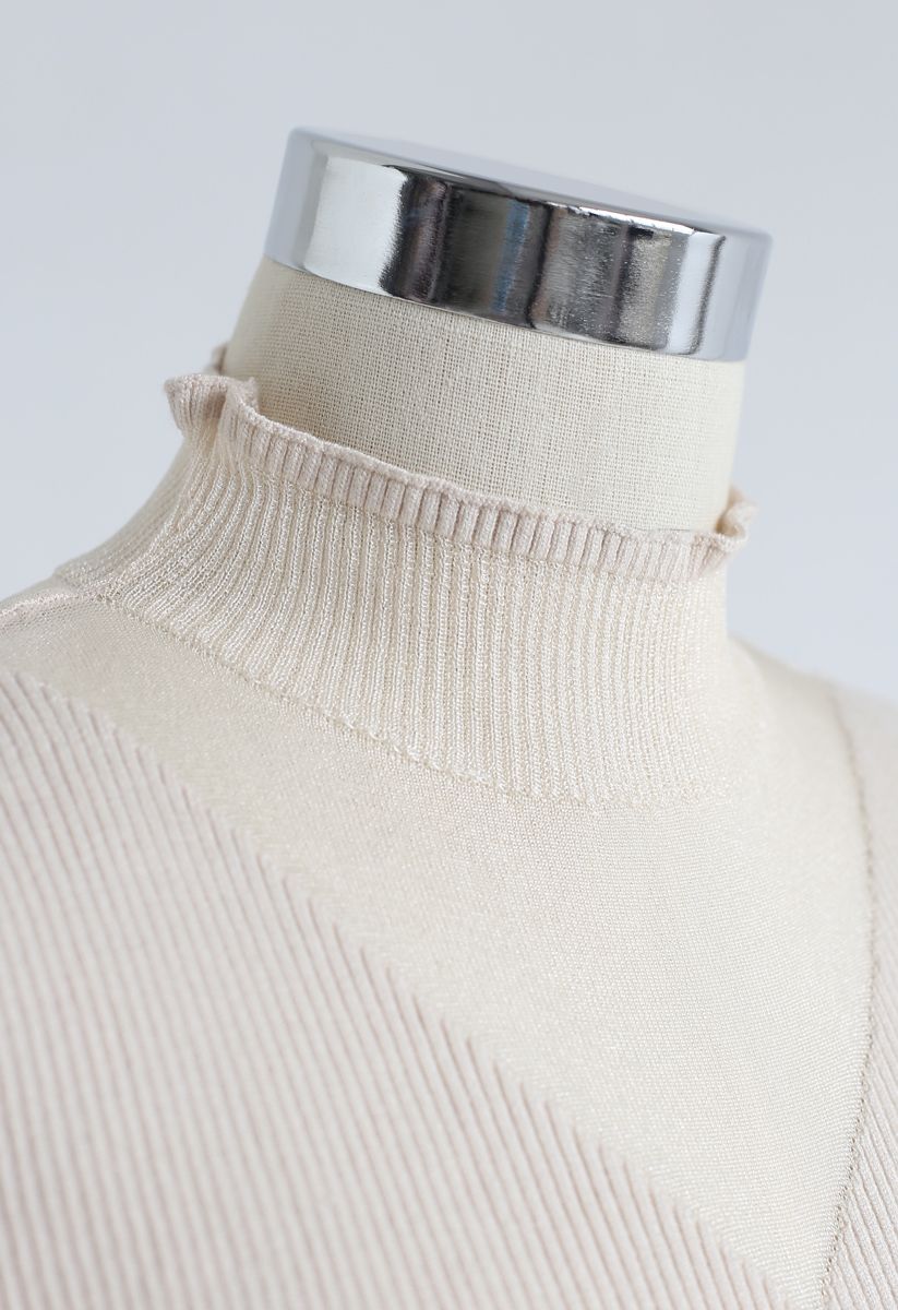 Cold-Shoulder Spliced Ribbed Knit Top in Cream