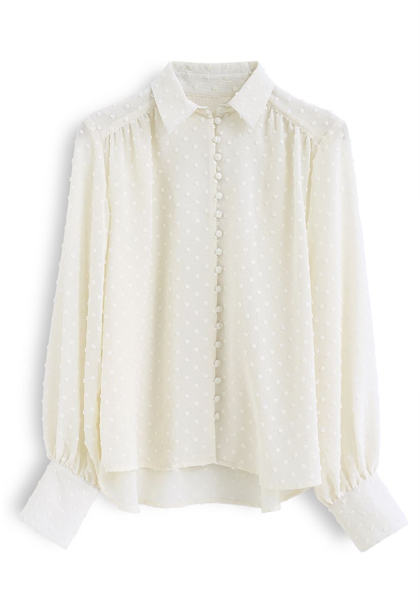 Flock Dots Button Front Hi-Lo Shirt in Cream