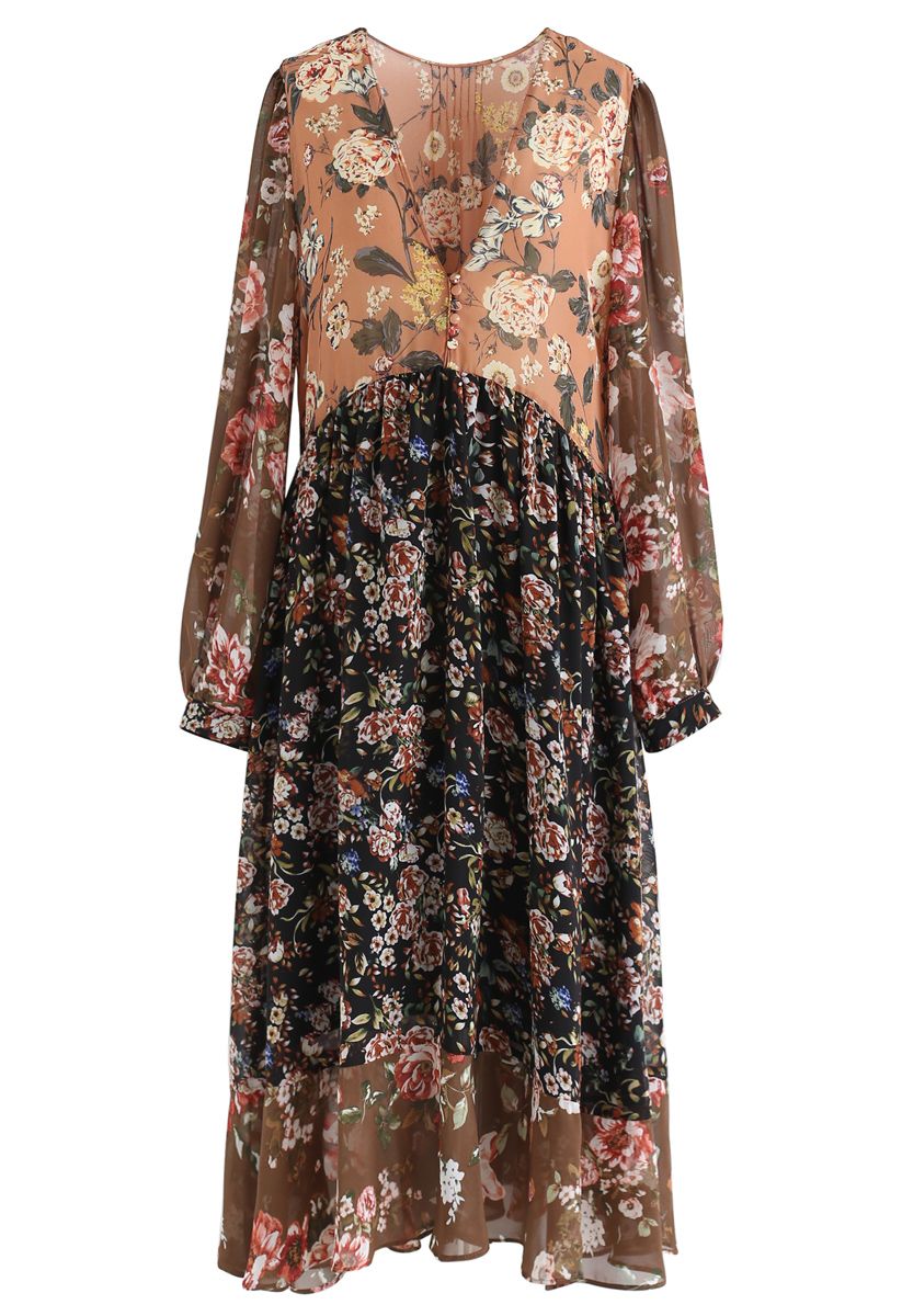 Scattered Floral Buttoned Chiffon Dress