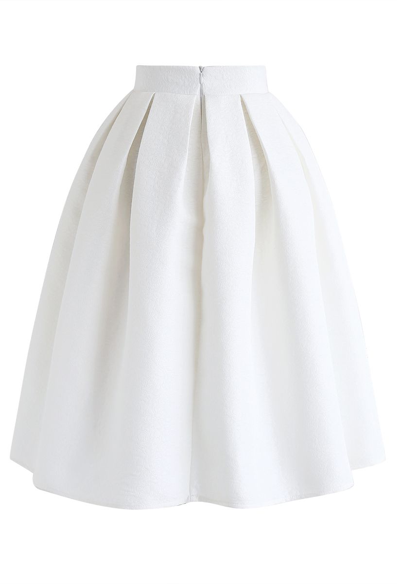 Jacquard Pleated A-Line Midi Skirt in White