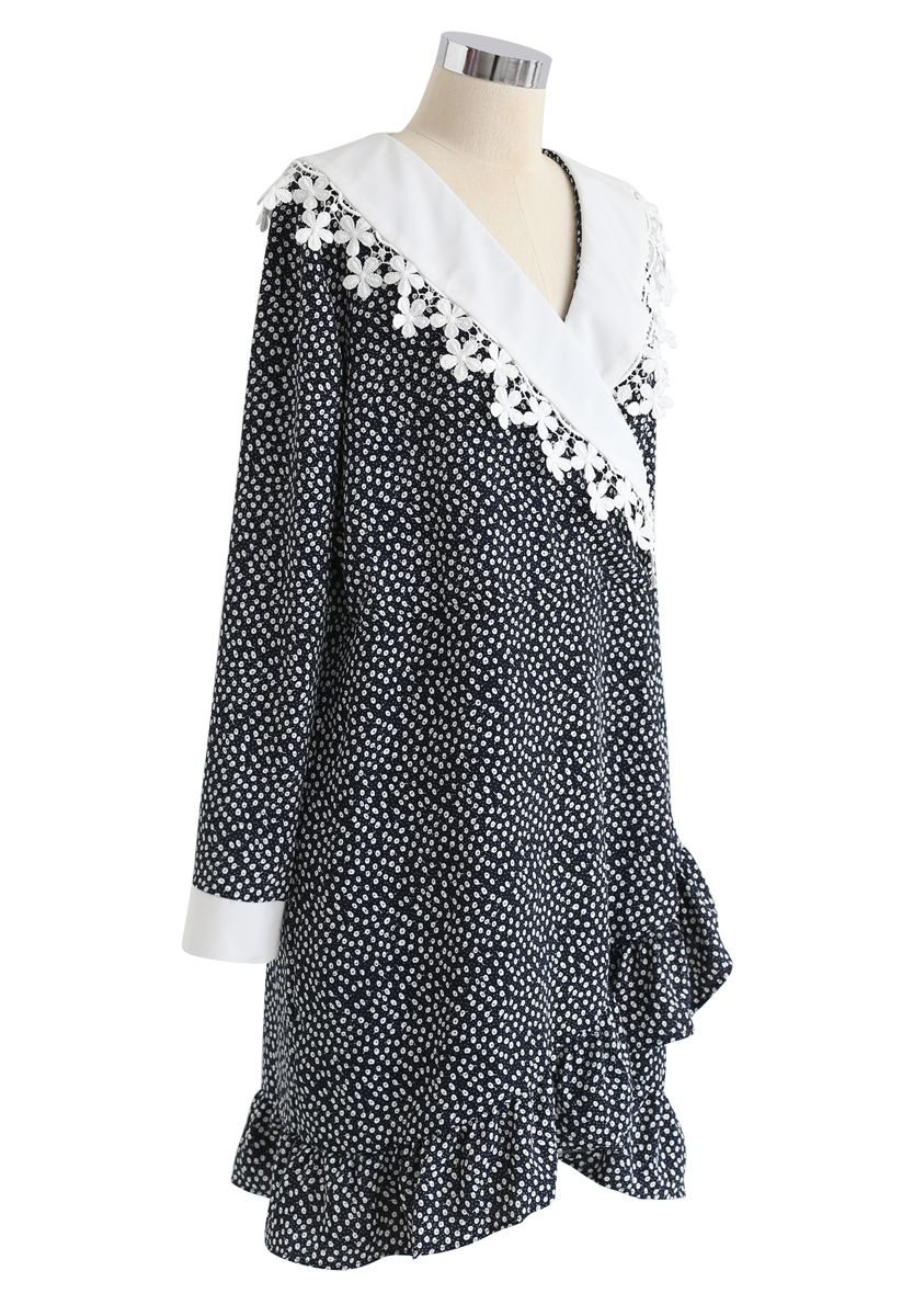 Floret Printed Ruffle Wrapped Dress in Black