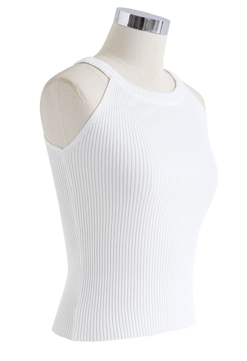 Fitted Ribbed Knit Halter Tank Top in White