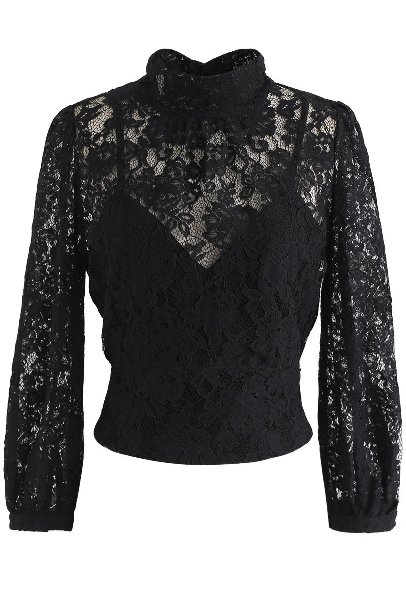 Floral Lace Open Back Crop Top in Black