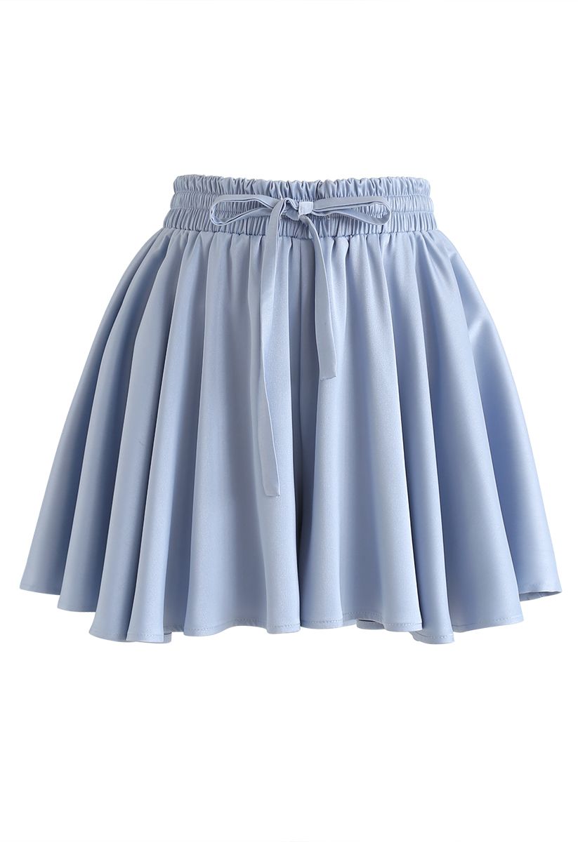 Puff Sleeves Satin Smock Top and Skorts Set in Blue