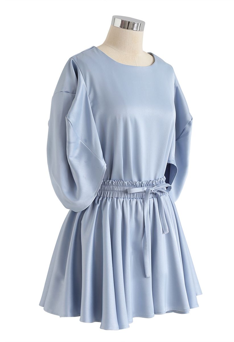 Puff Sleeves Satin Smock Top and Skorts Set in Blue