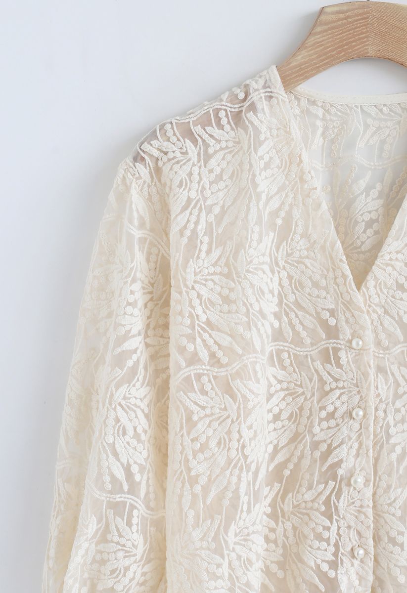 Branches Embroidered Button Down Mesh Top in Cream