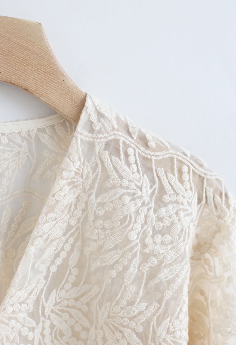 Branches Embroidered Button Down Mesh Top in Cream