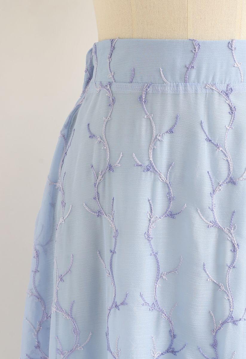 Embroidered Branches Sheer A-Line Midi Skirt