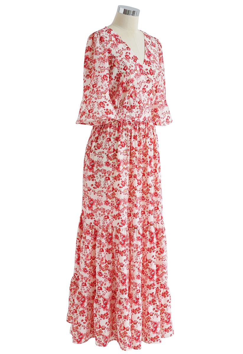 Wildflower Flare Sleeves Wrapped Maxi Dress in Red