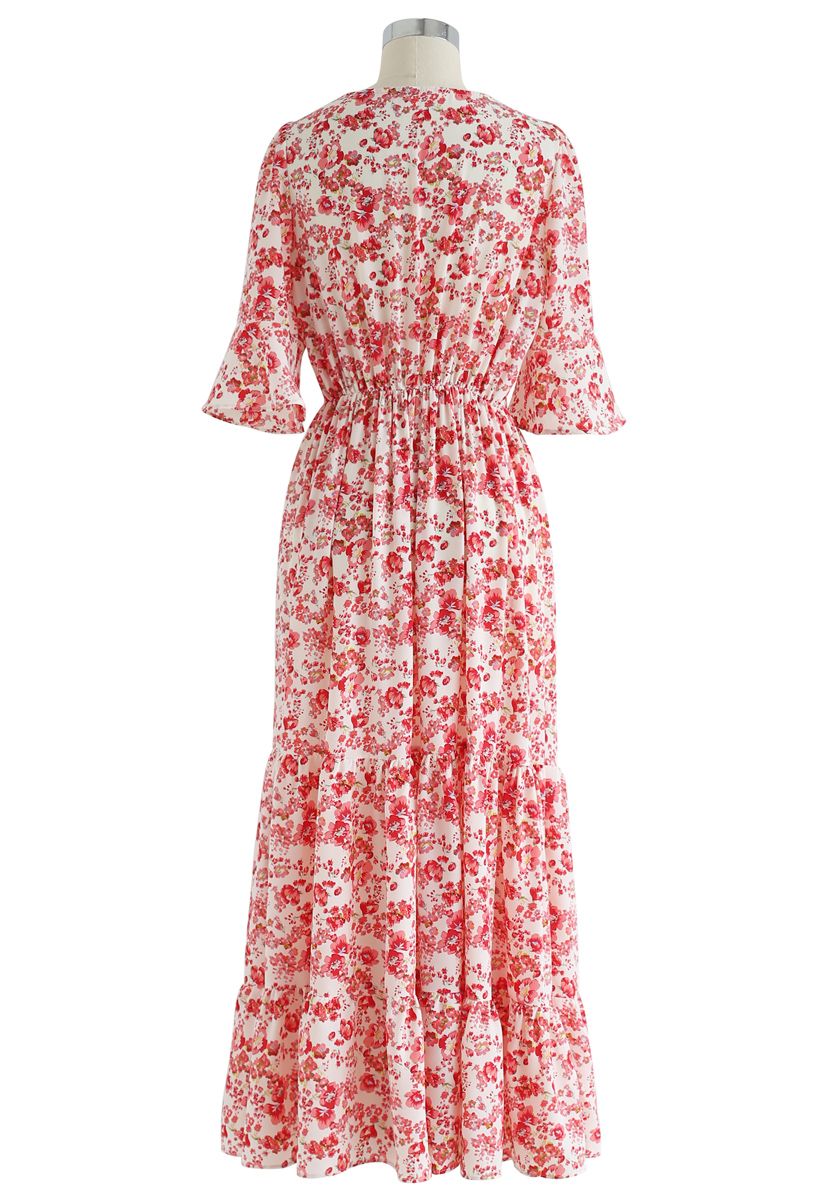 Wildflower Flare Sleeves Wrapped Maxi Dress in Red