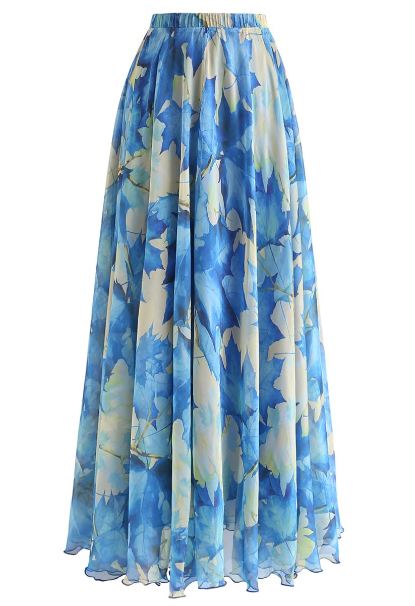 藍色楓葉圖案半身長裙